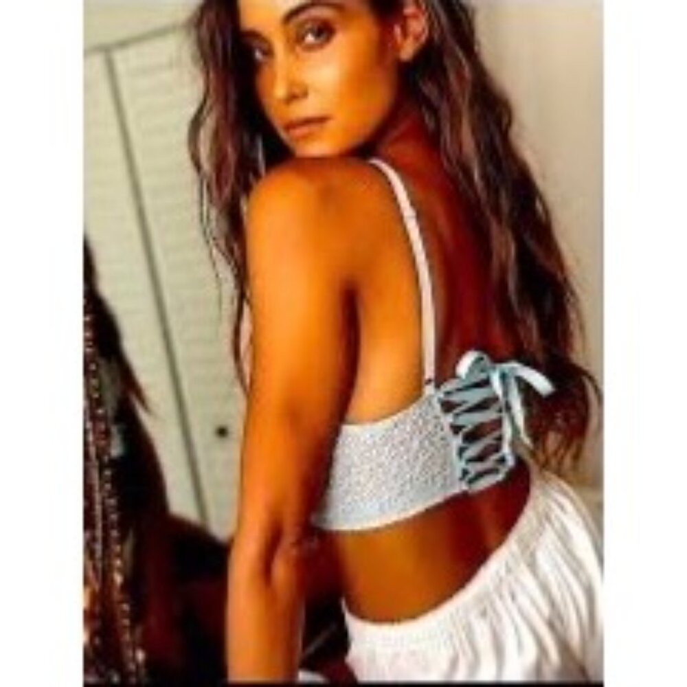NWT Free People White Embroidered Lace-Up Corset Style Longline Bra Buster Crop - Picture 9 of 10